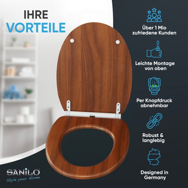Sanilo WC-Sitz in Holzoptik, einfache Montage von oben, per Knopfdruck abnehmbar, robust, langlebig, in Deutschland entworfen. Sanilo Logo.