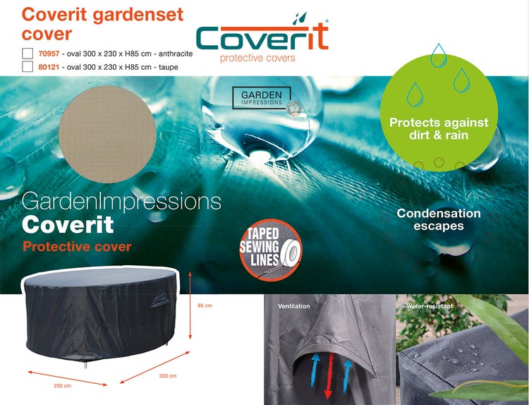GardenImpressions Coverit Gartenmöbel-Schutzhülle, oval, 300 mal 230 mal 85 Zentimeter. Wasserabweisend, mit Belüftung und versiegelten Nähten.