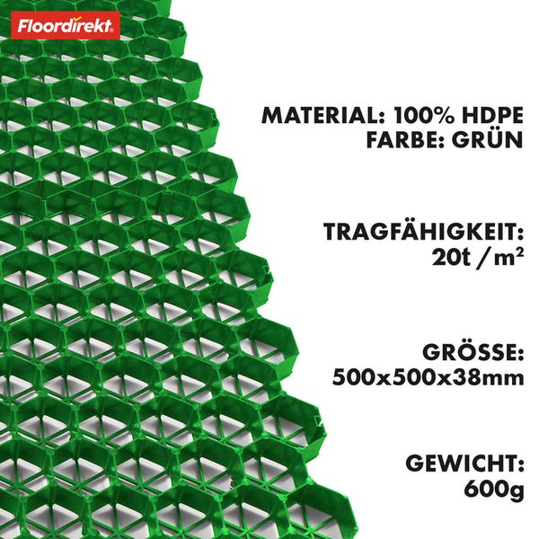 FLOORDIREKT Rasengitter - Paddockplatte für Bodenverstärkung - Strapazierfähig - Grün - 50 x 50 cm