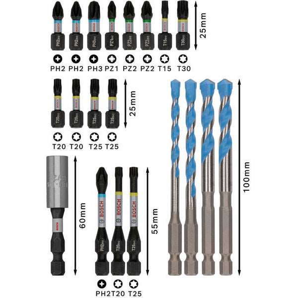 Bosch PRO Impact Schrauberbits und Multi Construction Bohrer Mixed Set 20-tlg. - 2608521U83