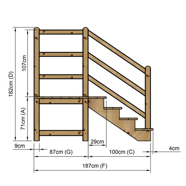 Technische Zeichnung einer Holztreppe mit Maßangaben
