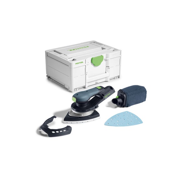 Festool Akku-Deltaschleifer DTSC 400 mit Systainer, Staubfangbeutel, Protector und Schleifpapier.
