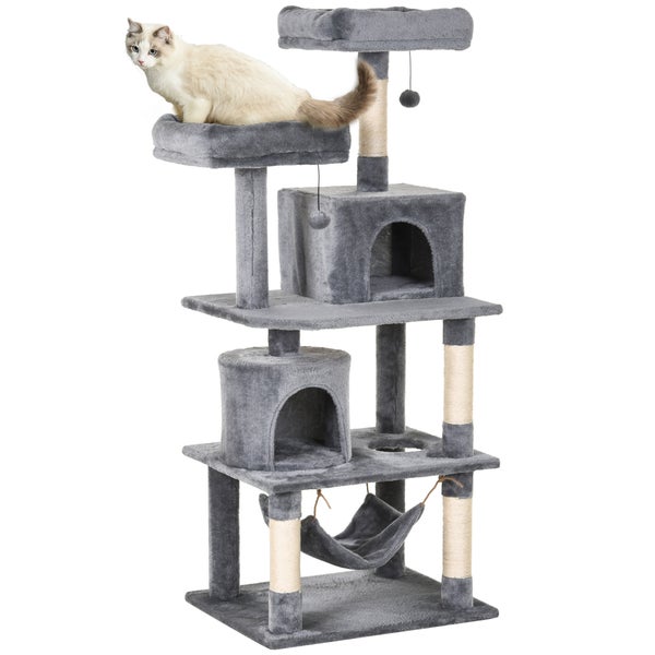 PawHut Katzen Kratzbaum groß 145 cm, Katzenbaum mit Hängematte, Kletterbaum für Katzen, Katzenkratzbaum Höhle Katzenmöbel mit Sisalstämmen, Hellgrau