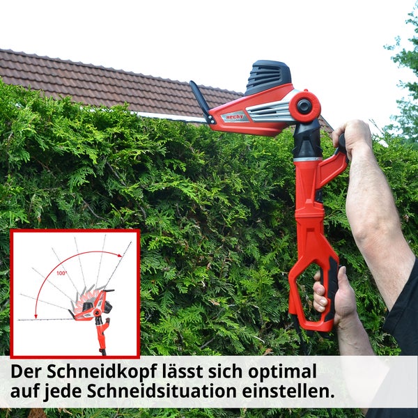 Eine Heckenschere wird zum Schneiden einer Hecke verwendet. Ein Bild zeigt die Verstellbarkeit des Schneidkopfes.