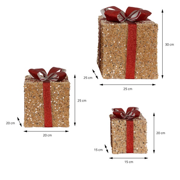 ECD Germany 3er Set LED Geschenkboxen Weihnachten mit Schleifen, Hellbraun-Rot, Warmweiß, batteriebetrieb, mit Timer, Weihnachtsdeko Geschenk Beleuchtet Weihnachtsbaum Dekoration Weihnachtsgeschenkbox