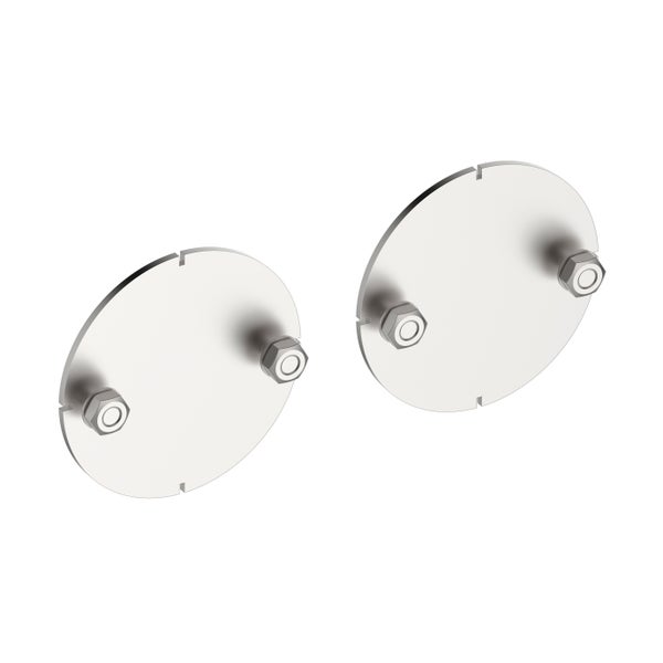 Zwei runde Abdeckplatten aus Metall mit Befestigungsmuttern für Wandanschlüsse