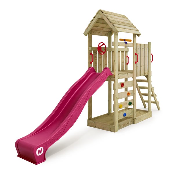 WICKEY Spielturm Klettergerüst JoyFlyer mit Rutsche, Kletterturm mit Sandkasten, Leiter und Spiel-Zubehör - violett