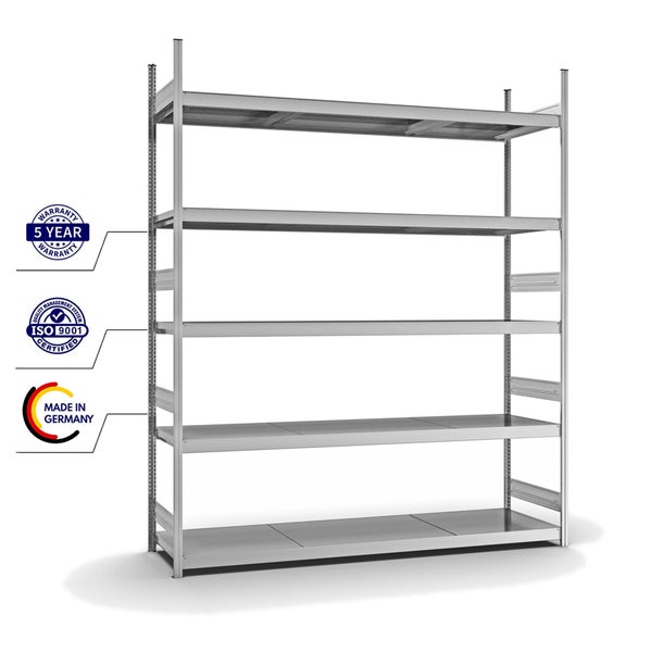 PROREGAL Weitspannregal Stecksystem T-Profil Grundregal HxBxT 300x250x60 cm 5 Ebenen Stahlplatten Fachboden Fachlast 350 kg Verzinkt