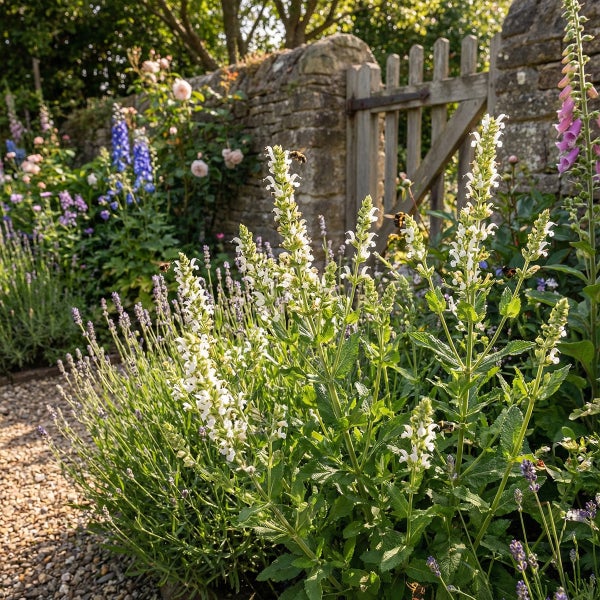 Sonnige Gartenanlage mit weißen Salbei-Blüten, Lavendel und Kiesweg vor einer Steinmauer mit Holztor.