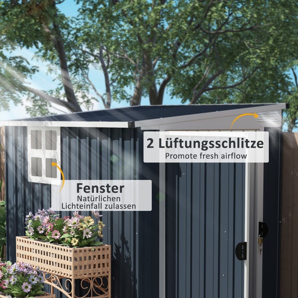 Outsunny Metall Gerätehaus 2,6m² 128x193x181cm Geräteschuppen mit Pultdach Fenster Abschließbarer Tür wetterfest Gartenhaus Outdoor Garten Schuppen für Hinterhof Außenbereich Dunkelgrau