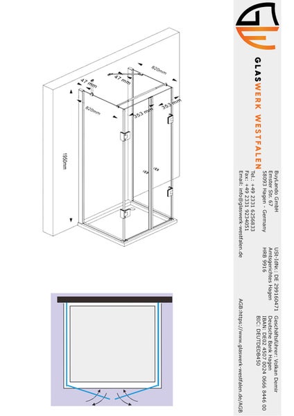 Technische Zeichnung einer Duschkabine mit Maßangaben
