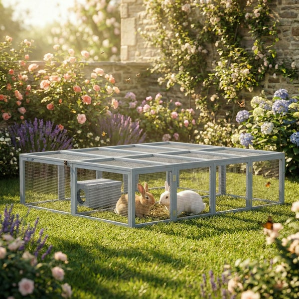 Graues Freilaufgehege aus Holz und Drahtgeflecht für Kleintiere auf einer Rasenfläche in einem Garten mit Blumen.