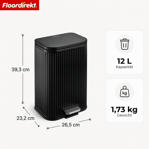 Floordirekt Logo. Schwarzer Tretabfalleimer mit Rillenstruktur. 39,3 Zentimeter hoch, 26,5 Zentimeter breit, 12 Liter, 1,73 Kilogramm.