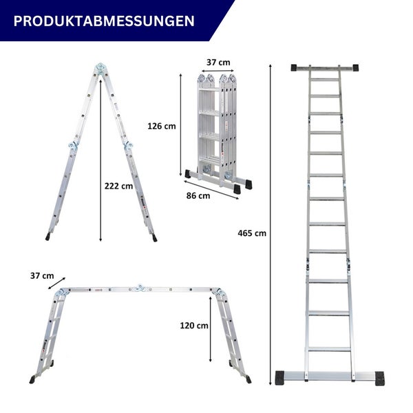 Sprossen-Mehrzweckleiter MULTISTEP geprüft nach EN 131-Standard | mit Gerüstplattform | 4-teilig Aluminiumleiter | 4x4 Sprossen | bis zu 4,6 m Höhe | Traglast 150kg | Arbeitsgerüst, Stehleiter & Anlegeleiter