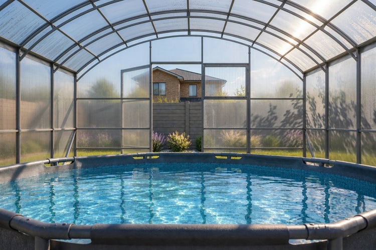 Runder Pool mit Poolüberdachung im Garten vor einem Wohnhaus.