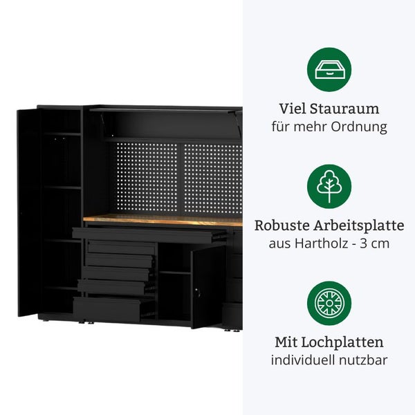 Werkbank mit viel Stauraum, Schubladen, Schränken und einer Arbeitsplatte aus Hartholz.