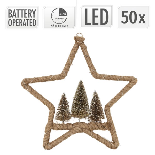 ECD Germany LED Jute Stern Ø40 cm, 50 warmweißen LEDs, Deko Weihnachtsstern mit 3 Tannen, Jutesäckchen, Batterien, Timer, Hängestern aus Seil, Lichterstern Weihnachtsbeleuchtung Weihnachtsdeko Innen