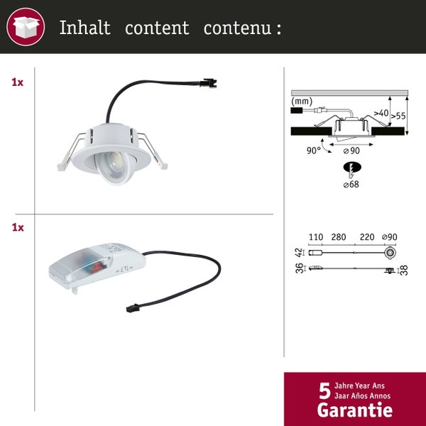 Inhalt: Ein schwenkbarer LED-Einbaustrahler und LED-Treiber mit technischen Maßen in Millimeter und Hinweis auf fünf Jahre Garantie.