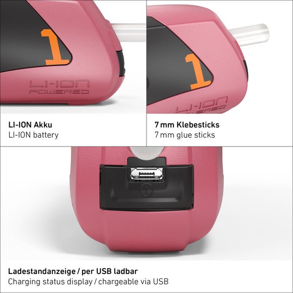 Details einer Akku-Heißklebepistole: Lithium-Ionen-Akku, 7 Millimeter Klebesticks, Ladestandsanzeige und USB-Ladefunktion