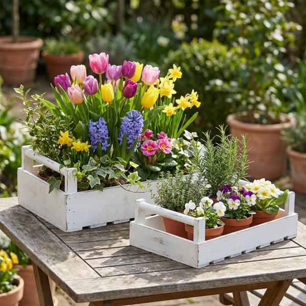 Zwei weiße Holzkisten bepflanzt mit bunten Frühlingsblumen wie Tulpen, Narzissen und Hyazinthen auf einem Holztisch im Garten.