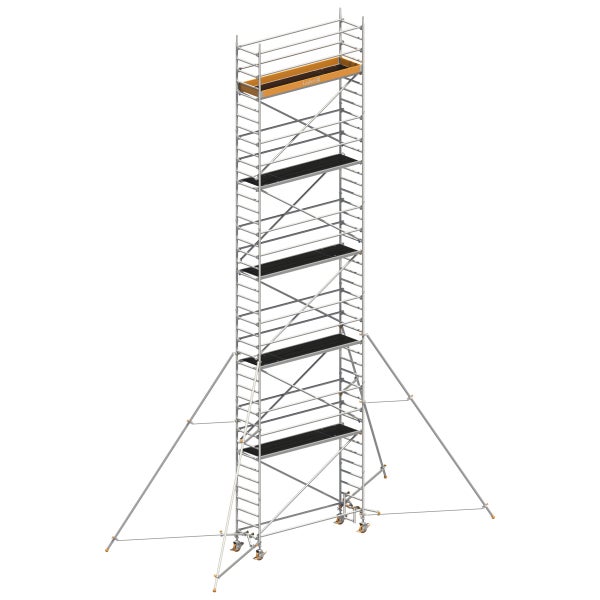 Rollgerüst mit mehreren Plattformen und Layher Logo