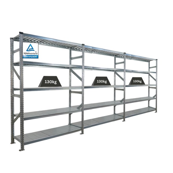 Metallregal mit vier Ebenen und TÜV Rheinland Zertifizierung