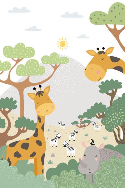 Illustration einer afrikanischen Tierwelt mit Giraffen, Zebras und Nashorn