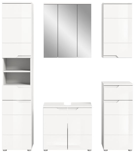 Fünfteiliges Badmöbel-Set in Weiß Hochglanz, bestehend aus Hochschrank, Spiegelschrank, Waschbeckenunterschrank und zwei Beistellschränken.