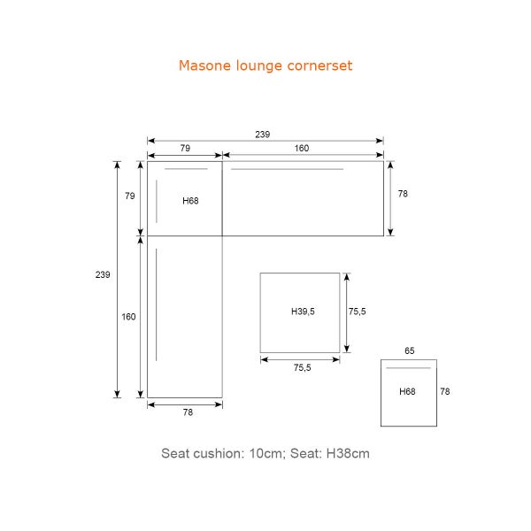 Maßzeichnung für das Masone Ecklounge-Set mit detaillierten Abmessungen für Sofa, Tisch und Hocker in Zentimeter.