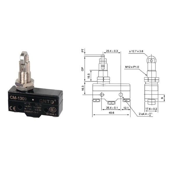 Endschalter CM-1309 mit Rollenhebel und technischer Maßzeichnung für industrielle Anwendungen.