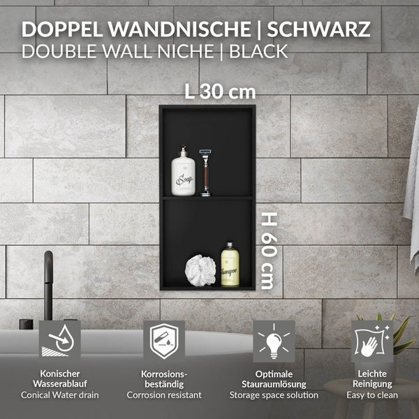 LuxeBath Wandnische Doppel aus Edelstahl, 30x60x10cm, Schwarz, Duschnische mit Rahmen, Einbauregal, Flexibler Einbau, Befliesbare Nische für Badutensilien, Duschablage, Doppelregal Badezimmer Lagerung
