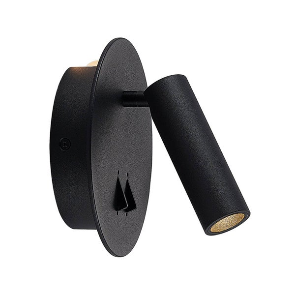 Wandleuchte schwarz aus Metall mit rundem Sockel, schwenkbarem LED-Strahler und zwei Kippschaltern.