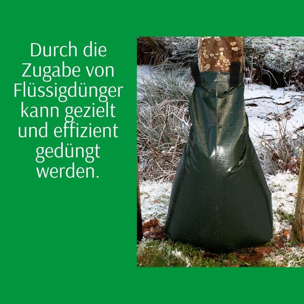 Baumbewässerungssack am Baumstamm im Winter. Text: Gezielte und effiziente Düngung durch Zugabe von Flüssigdünger möglich.