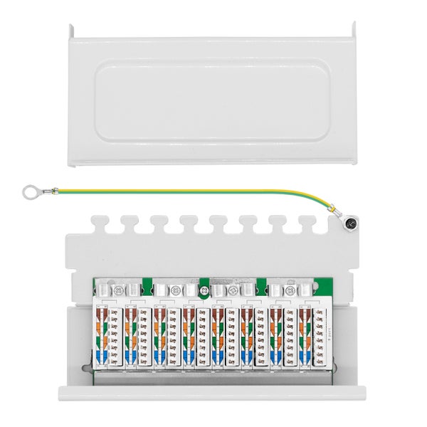 Patchpanel 8-Port aus Metall inklusive Erdungskabel für Netzwerkinstallationen.