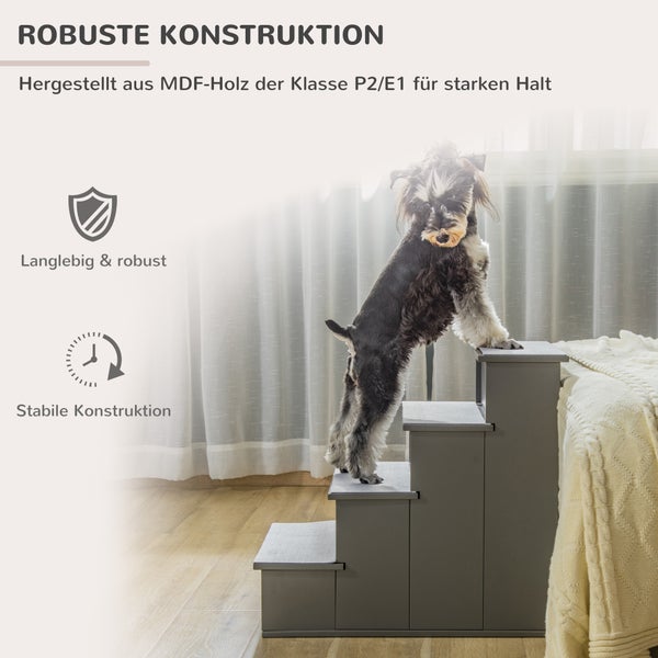 PawHut Hundetreppe 4 Stufen 54.2 cm Hoch, Haustiertreppe für Kleine Hunde Katzentreppe mit rutschfester Matte, Einstiegshilfe Haustierleiter für Bett, Sofa und Couch, Grau