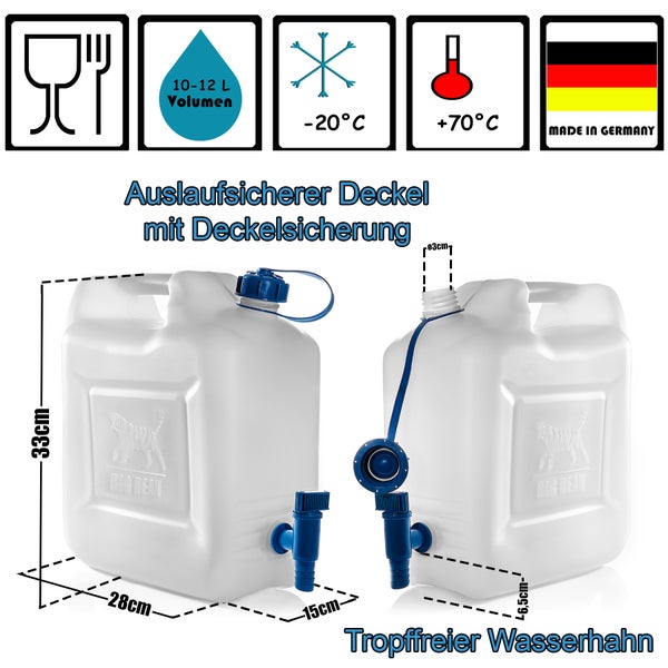 Kanister mit tropffreiem Wasserhahn und auslaufsicherem Deckel