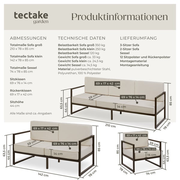 Garten-Loungeset tectake Comosa höhenverstellbare Füße für 6 Personen, Dicke der Sitzpolster 14 cm braun/beige