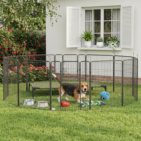 Achteckiger Metall-Hundelaufstall auf grünem Rasen mit einem Beagle, Hundebett, Futternäpfen und Spielzeug vor einer weißen Hauswand.