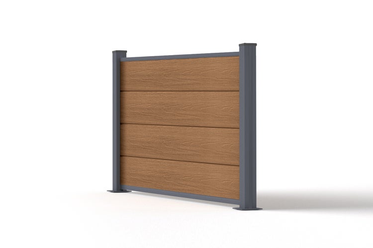 Sichtschutzzaun aus braunen WPC-Paneelen in Holzoptik mit grauen Aluminiumpfosten.
