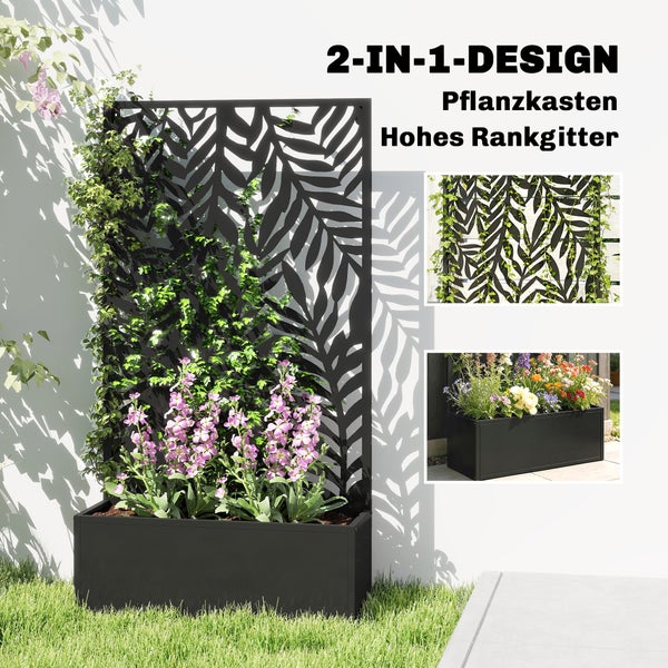 Schwarzer Pflanzkasten mit hohem Rankgitter in Blätteroptik an einer weißen Hauswand mit bunten Blumen und Kletterpflanzen.
