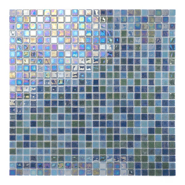 Quadratische Mosaikfliesen in einem Verbund mit schillernden und metallischen Oberflächen für Wandgestaltungen im Innenbereich.