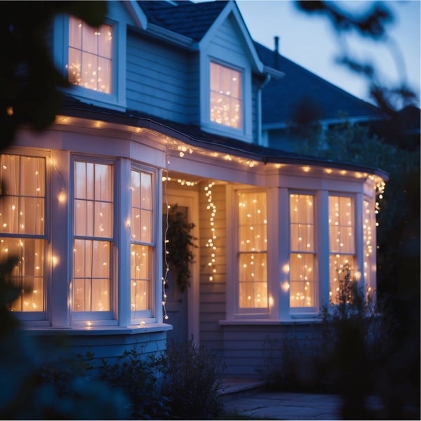 Hausfassade mit dekorativer Lichterkette an Fenstern und Dachrinne