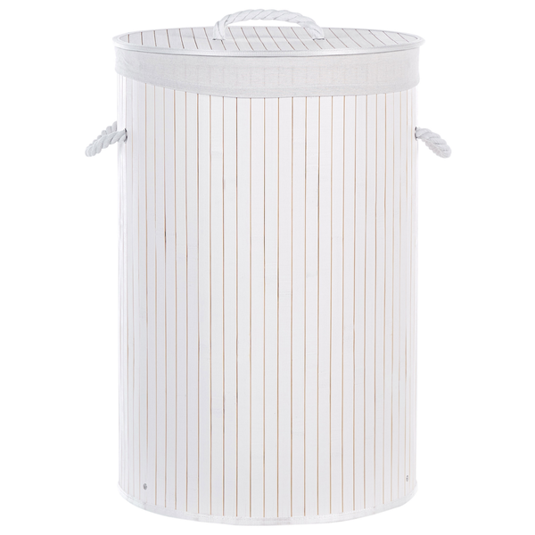 Runder Wäschekorb aus weißen Holzlamellen mit hellem Stoffeinsatz und zwei seitlichen Kordelgriffen aus Seil.