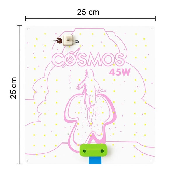 Quadratisches LED Pflanzenlicht Cosmos 45 Watt mit einer Seitenlänge von 25 Zentimetern und zahlreichen Leuchtdioden.
