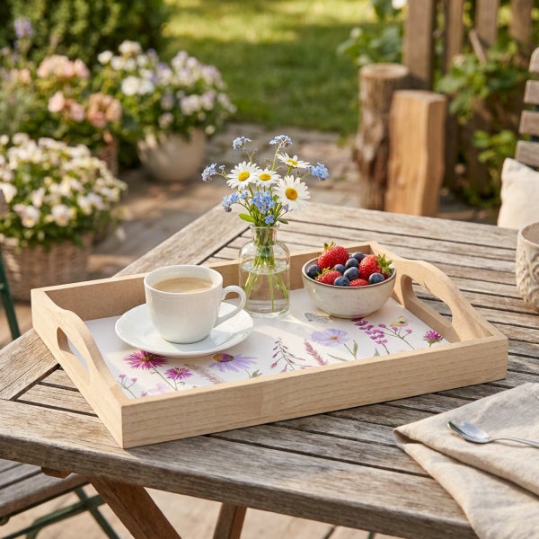 Serviertablett aus Holz mit Blumenmuster auf einem Holztisch im Garten mit Kaffeetasse, Blumenvase und einer Schale mit Beeren.