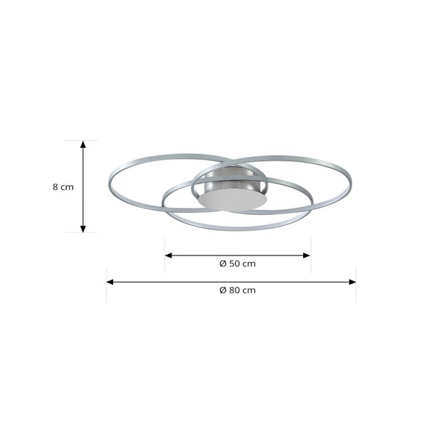 LED-Deckenleuchte mit Ringen und Maßangaben: Höhe 8 Zentimeter, Durchmesser 50 Zentimeter und 80 Zentimeter.
