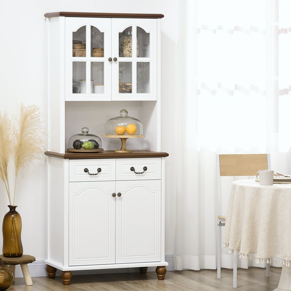HOMCOM Küchenschrank, Küchenbuffet mit 2 Schubladen, Hochschrank mit offenem Fach, Schrankfach, Vitrinenschrank mit Soft-Close-Funktion für Wohnzimmer, Küche, 76 x 38 x 182 cm, Weiß