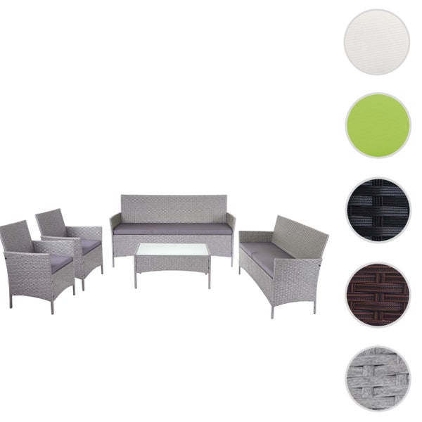 Garten-Lounge-Set aus Polyrattan mit zwei Sesseln, zwei Sofas, Tisch mit Glasplatte, Sitzkissen und Materialmustern für Geflecht und Polster.