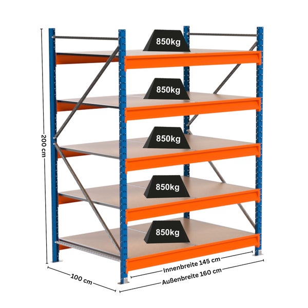 Schwerlastregal mit fünf Ebenen, Abmessungen 200 x 100 x 160 cm und einer maximalen Belastbarkeit von 850 Kilogramm pro Ebene