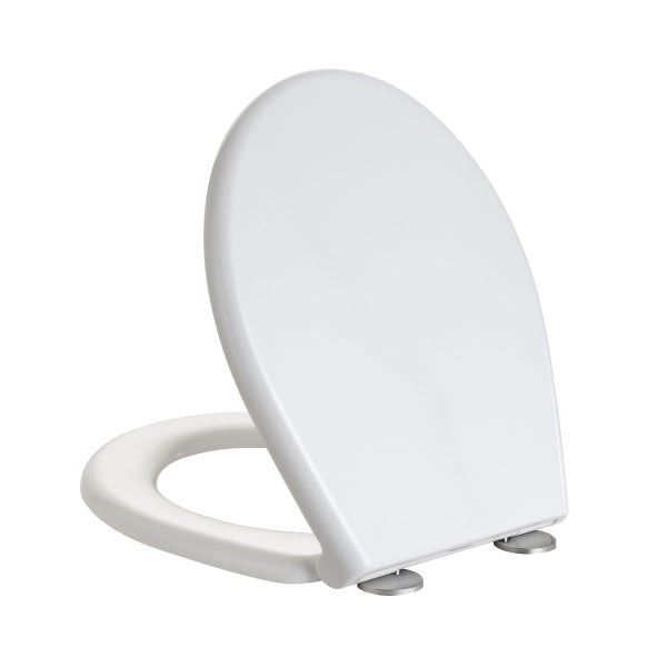 Ein weißer WC-Sitz mit Deckel für die Toilette aus Kunststoff.